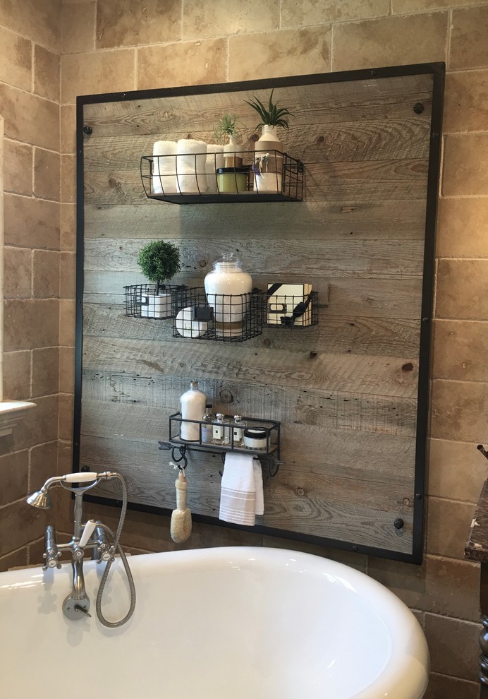 Bathroom - mid-sized farmhouse master beige tile and stone tile dark wood floor bathroom idea in Los Angeles with shaker cabinets, distressed cabinets, beige walls, an undermount sink and granite countertops