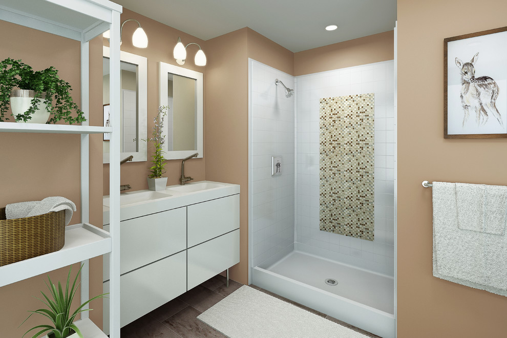 Photo of a large rural bathroom in Boise with an alcove shower and a shower curtain.