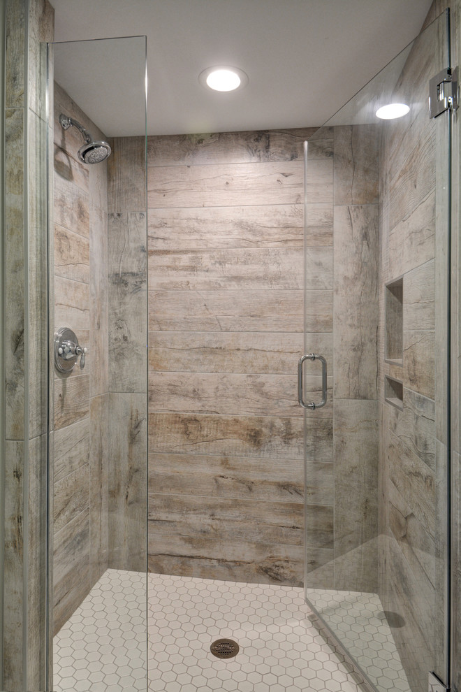 Example of a cottage kids' gray tile and ceramic tile ceramic tile and white floor bathroom design in Chicago with distressed cabinets, gray walls and a hinged shower door