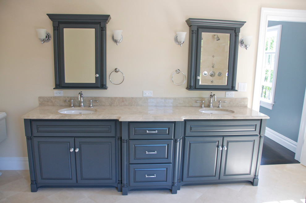 Example of a large country master beige tile and ceramic tile ceramic tile bathroom design in New York with a console sink, furniture-like cabinets, blue cabinets, granite countertops and beige walls