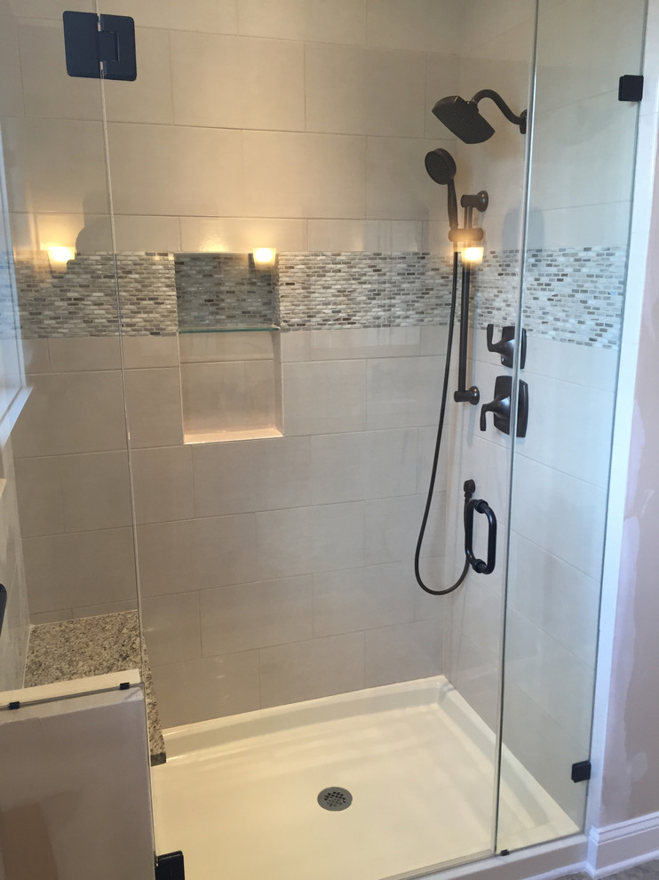 Photo of a medium sized classic ensuite bathroom in San Diego with shaker cabinets, medium wood cabinets, a corner shower, a two-piece toilet, white tiles, porcelain tiles, beige walls, vinyl flooring and a submerged sink.