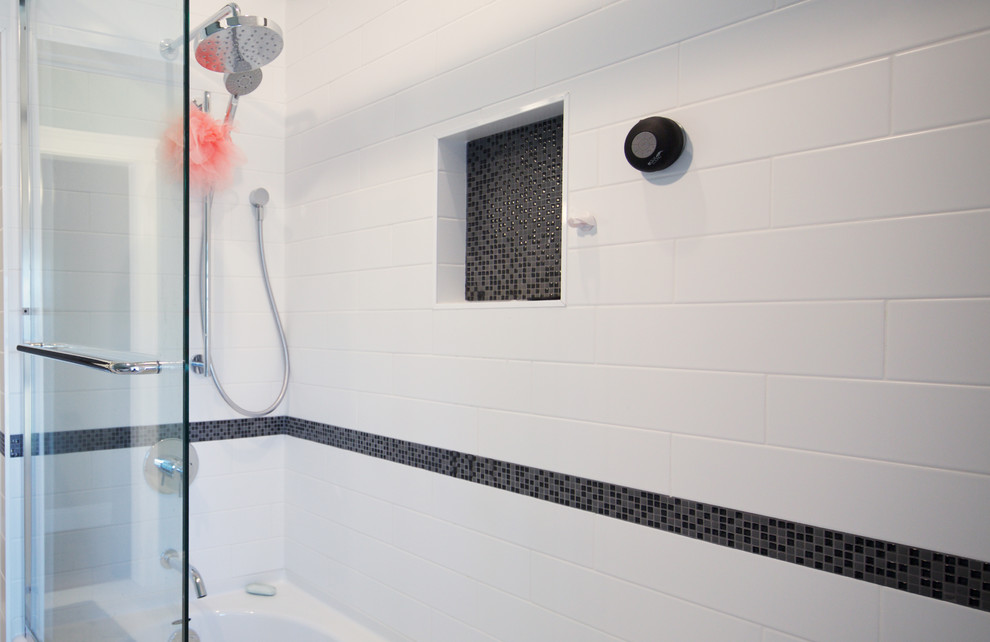 Large minimalist kids' multicolored tile and mosaic tile ceramic tile bathroom photo in Vancouver with an undermount sink, recessed-panel cabinets, white cabinets, solid surface countertops and blue walls