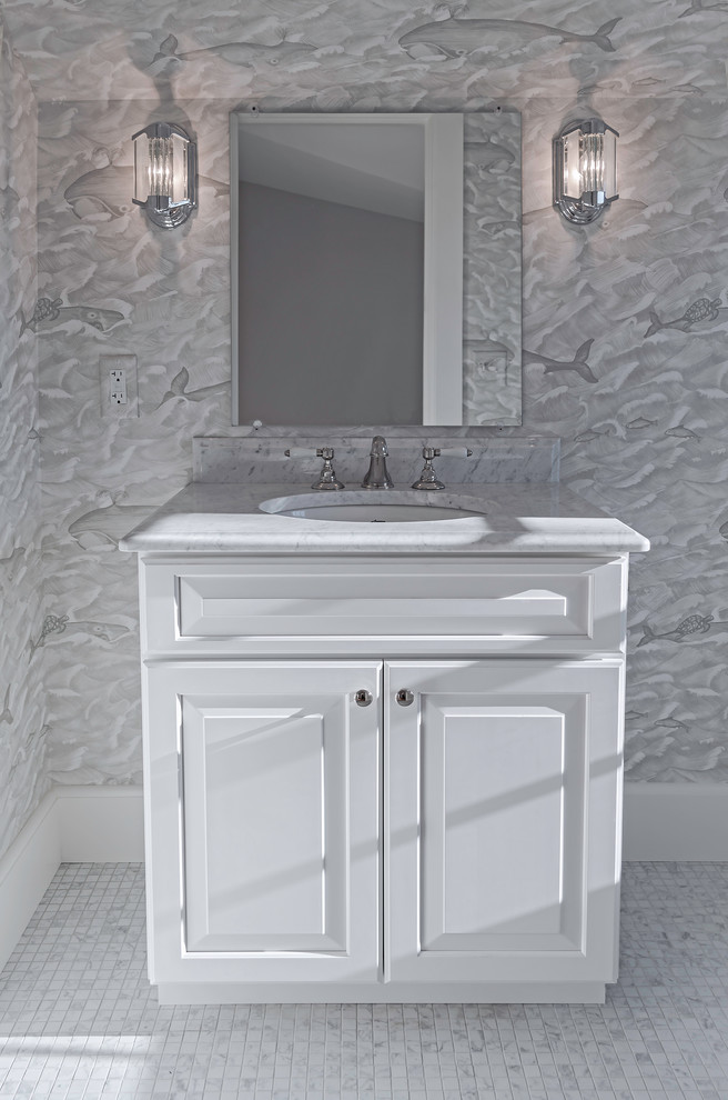 Huge beach style master white tile and ceramic tile mosaic tile floor bathroom photo in Providence with raised-panel cabinets, blue cabinets, a two-piece toilet, gray walls, an undermount sink and quartz countertops