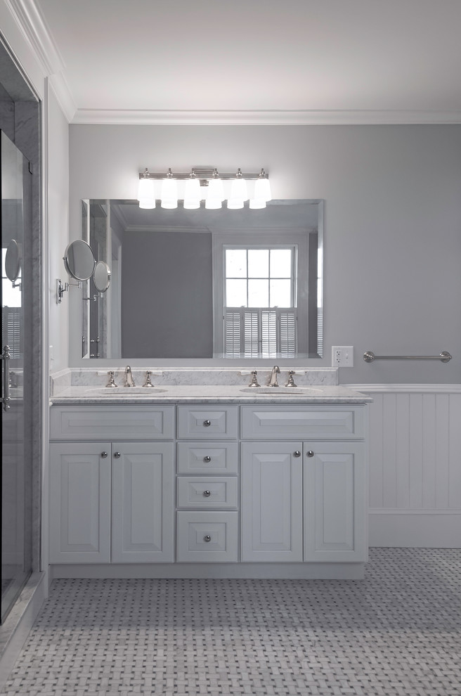 Huge beach style master white tile and ceramic tile mosaic tile floor bathroom photo in Providence with raised-panel cabinets, blue cabinets, a two-piece toilet, gray walls, an undermount sink and quartz countertops