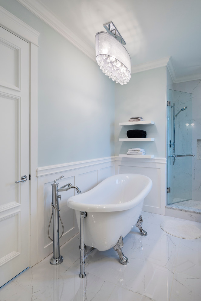 Design ideas for a large traditional ensuite bathroom in Vancouver with recessed-panel cabinets, white cabinets, an alcove shower, a two-piece toilet, blue tiles, porcelain tiles, grey walls, porcelain flooring, a submerged sink, quartz worktops, grey floors and a hinged door.