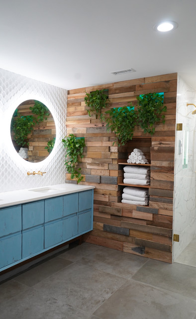 Wood Walls Warm Up An Eclectic Master Bath, What Board To Use For Bathroom Walls