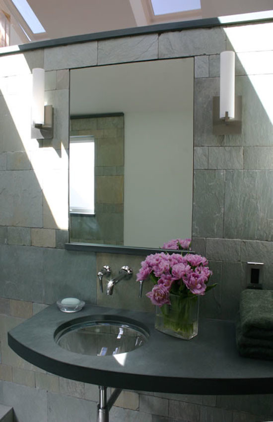 Mid-sized trendy 3/4 gray tile and stone tile bathroom photo in San Francisco with a drop-in sink and gray walls