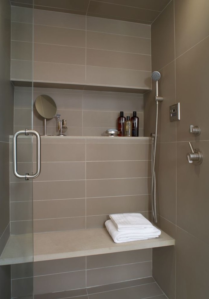Идея дизайна: ванная комната в современном стиле с коричневой плиткой, керамогранитной плиткой, душем в нише и нишей