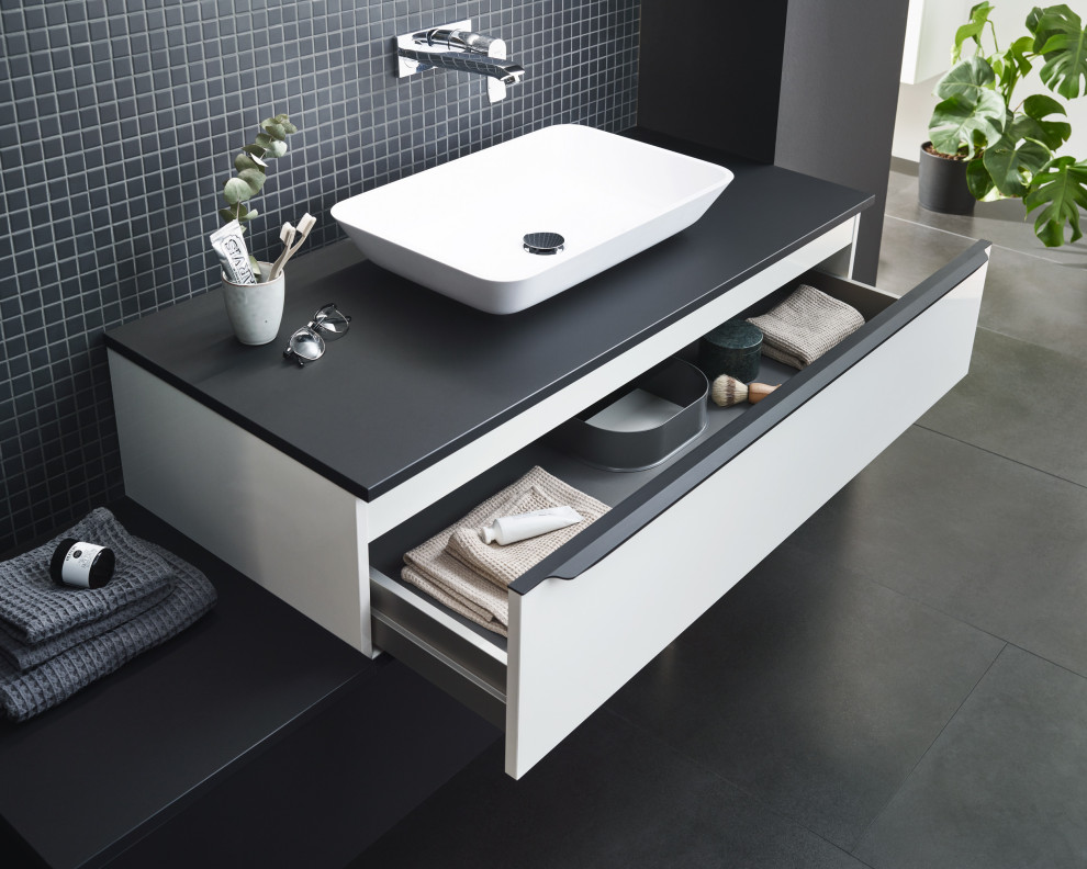 Bathroom - mid-sized scandinavian master black tile and mosaic tile slate floor, gray floor and single-sink bathroom idea in Miami with flat-panel cabinets, white cabinets, gray walls, a vessel sink, laminate countertops, black countertops, a niche and a floating vanity