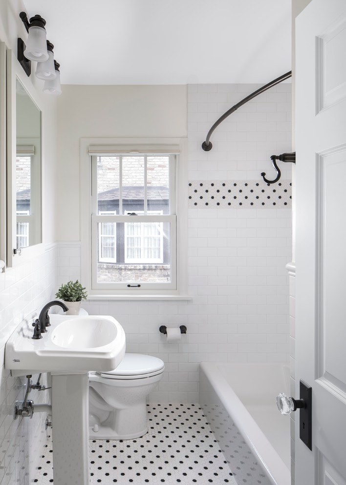 Photo of a small traditional family bathroom in Minneapolis with a two-piece toilet, yellow tiles, porcelain tiles, ceramic flooring and a pedestal sink.