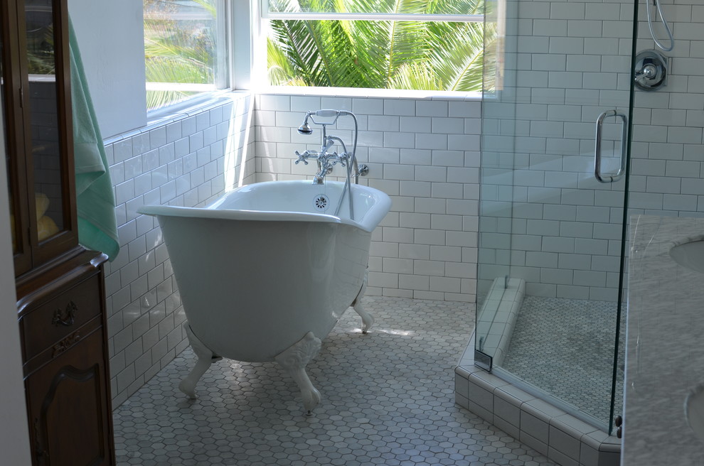 Large minimalist master white tile and ceramic tile marble floor bathroom photo in San Diego with an undermount sink and white walls