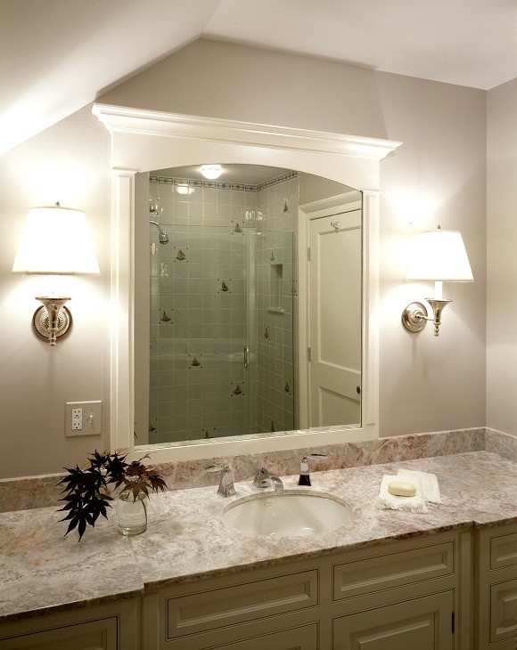 Example of a large classic double shower design in Portland Maine with a drop-in sink, recessed-panel cabinets, white cabinets, marble countertops and beige walls