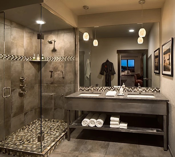 Immagine di una stanza da bagno rustica con nessun'anta, pavimento in cementine, lavabo rettangolare, top in cemento, pavimento grigio e top grigio