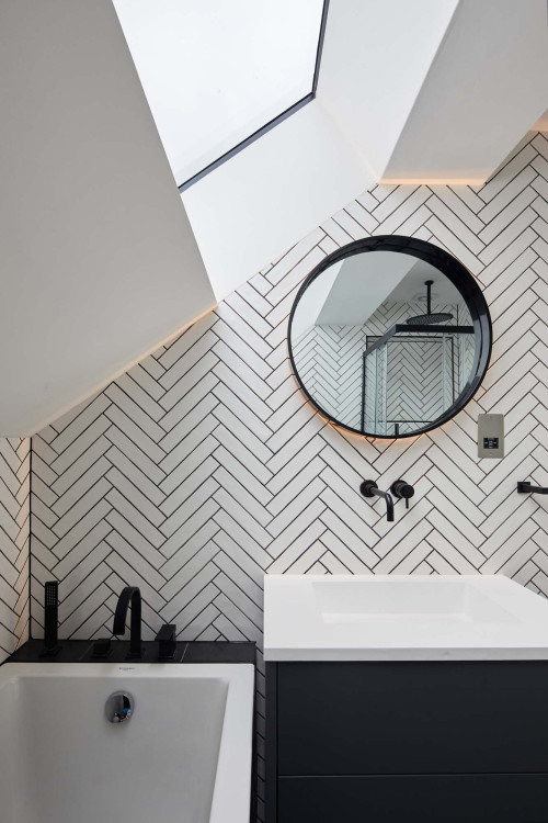 Yin & Yang Harmony: Very Small Bathroom Inspirations with a Black Vanity and White Herringbone Tiles