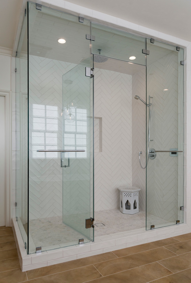 Example of a large trendy master white tile and ceramic tile porcelain tile and beige floor bathroom design in Los Angeles with flat-panel cabinets, light wood cabinets, gray walls, an undermount sink, quartz countertops, a hinged shower door and white countertops
