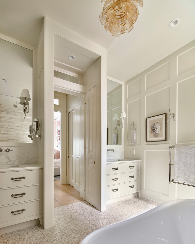 Inspiration for a traditional bathroom in Philadelphia with flat-panel cabinets, grey cabinets, a freestanding bath, white walls, mosaic tile flooring, a submerged sink, white floors, white worktops, double sinks, a built in vanity unit and panelled walls.