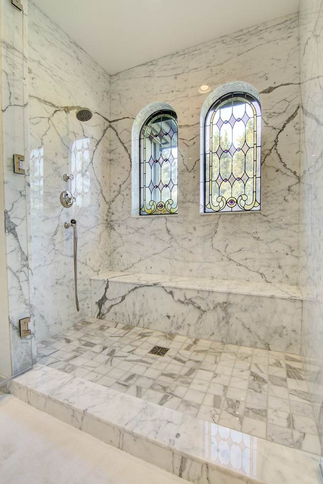 Inspiration for a large timeless master gray tile, white tile and marble tile marble floor and white floor alcove shower remodel in Salt Lake City with a hinged shower door and beige walls