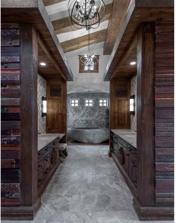 Источник вдохновения для домашнего уюта: большая главная ванная комната в восточном стиле с плоскими фасадами, темными деревянными фасадами, японской ванной, каменной плиткой, полом из керамической плитки и столешницей из искусственного камня