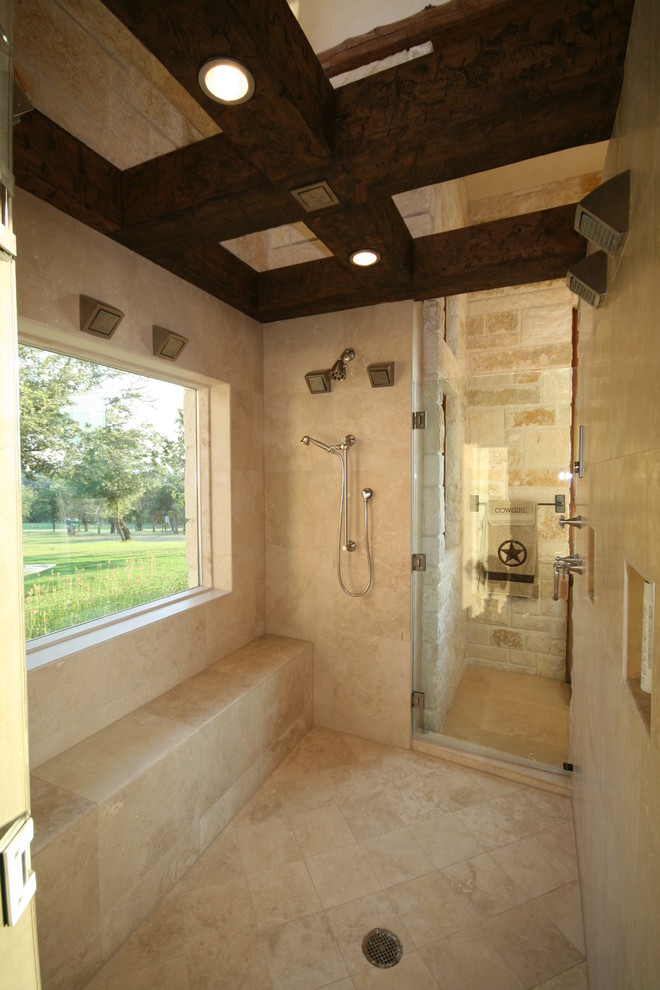 Example of a mountain style beige tile bathroom design in Dallas