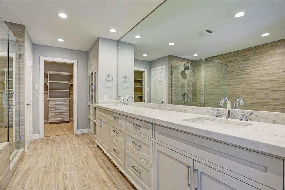Inspiration for a medium sized classic ensuite bathroom in Houston with shaker cabinets, grey cabinets, double sinks, a built in vanity unit, engineered stone worktops, a hinged door, white worktops, a corner shower, grey walls and a submerged sink.