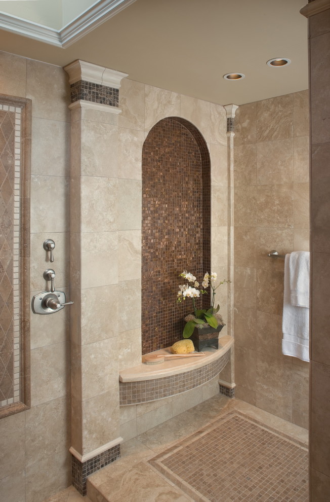 Tuscan mosaic tile bathroom photo in San Diego with a niche