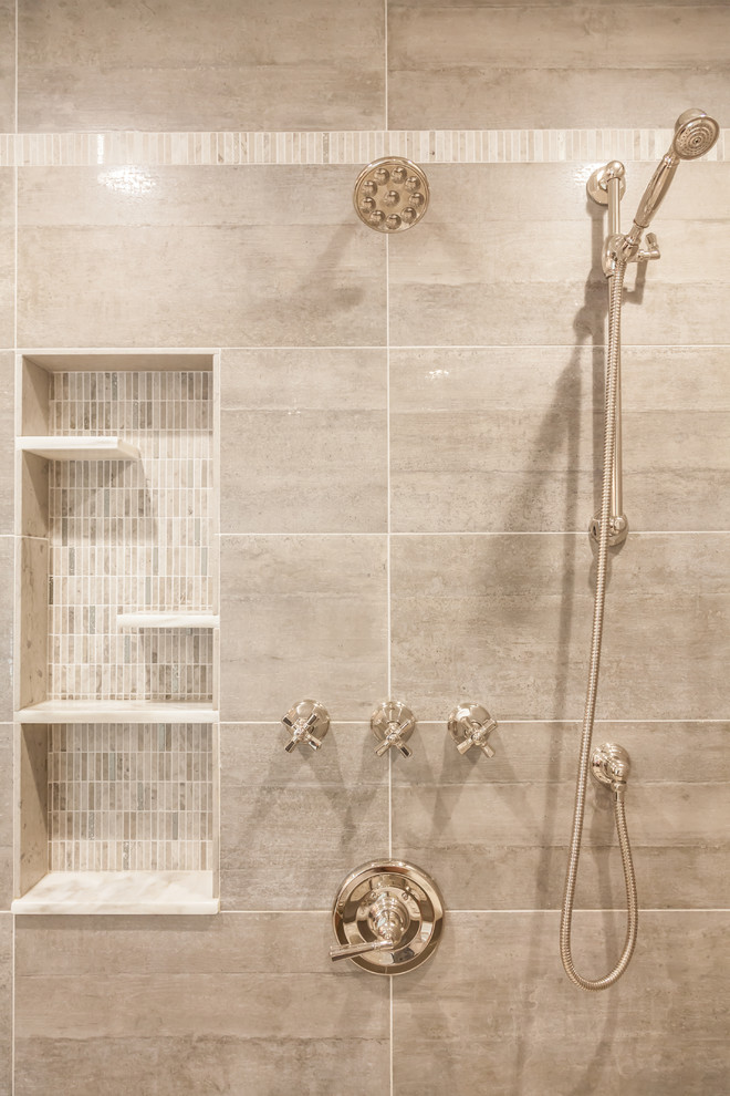 Corner shower - large transitional master gray tile and porcelain tile corner shower idea in New York