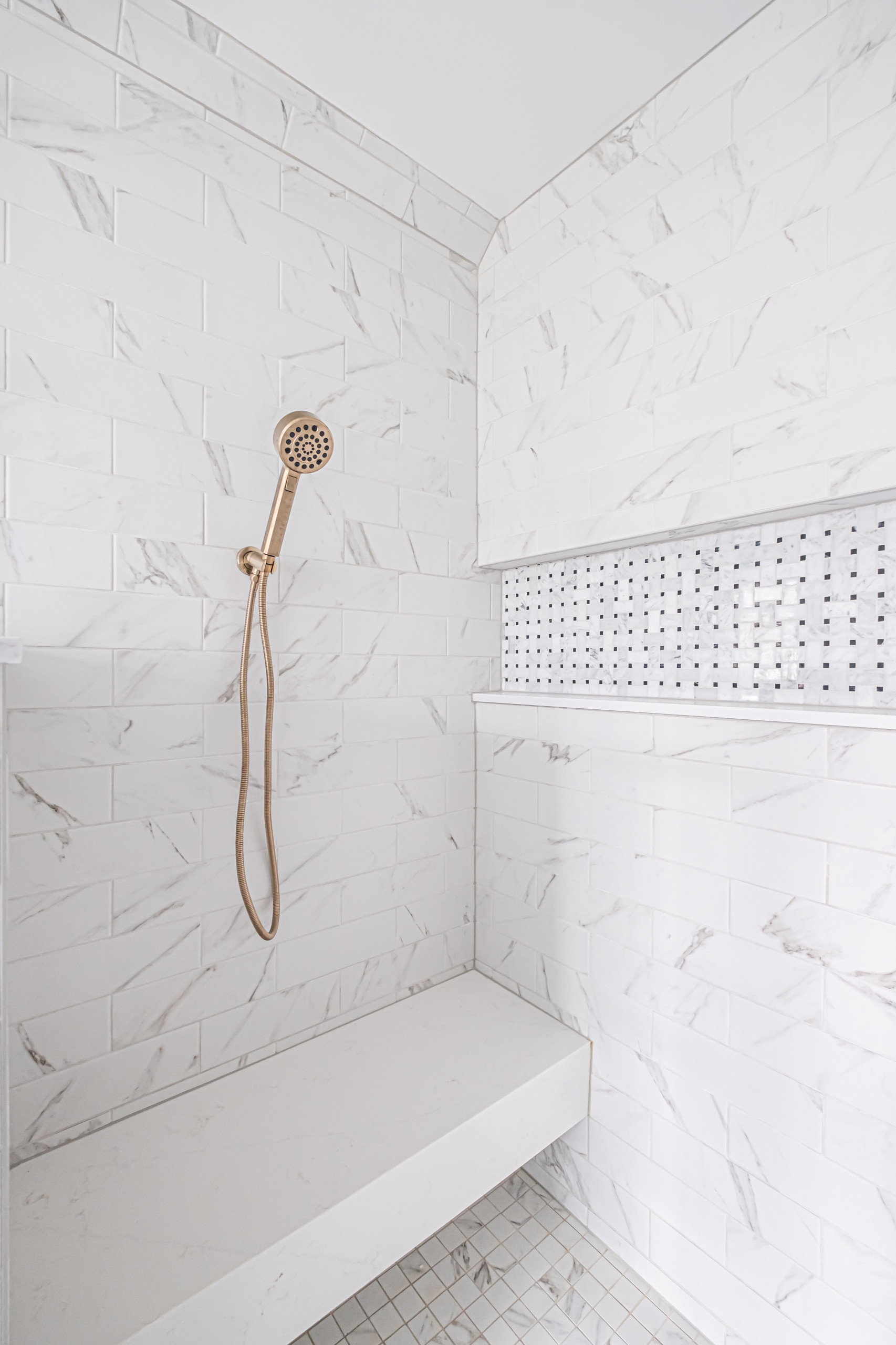 Shower with Marble Floating Shower Bench - Transitional - Bathroom