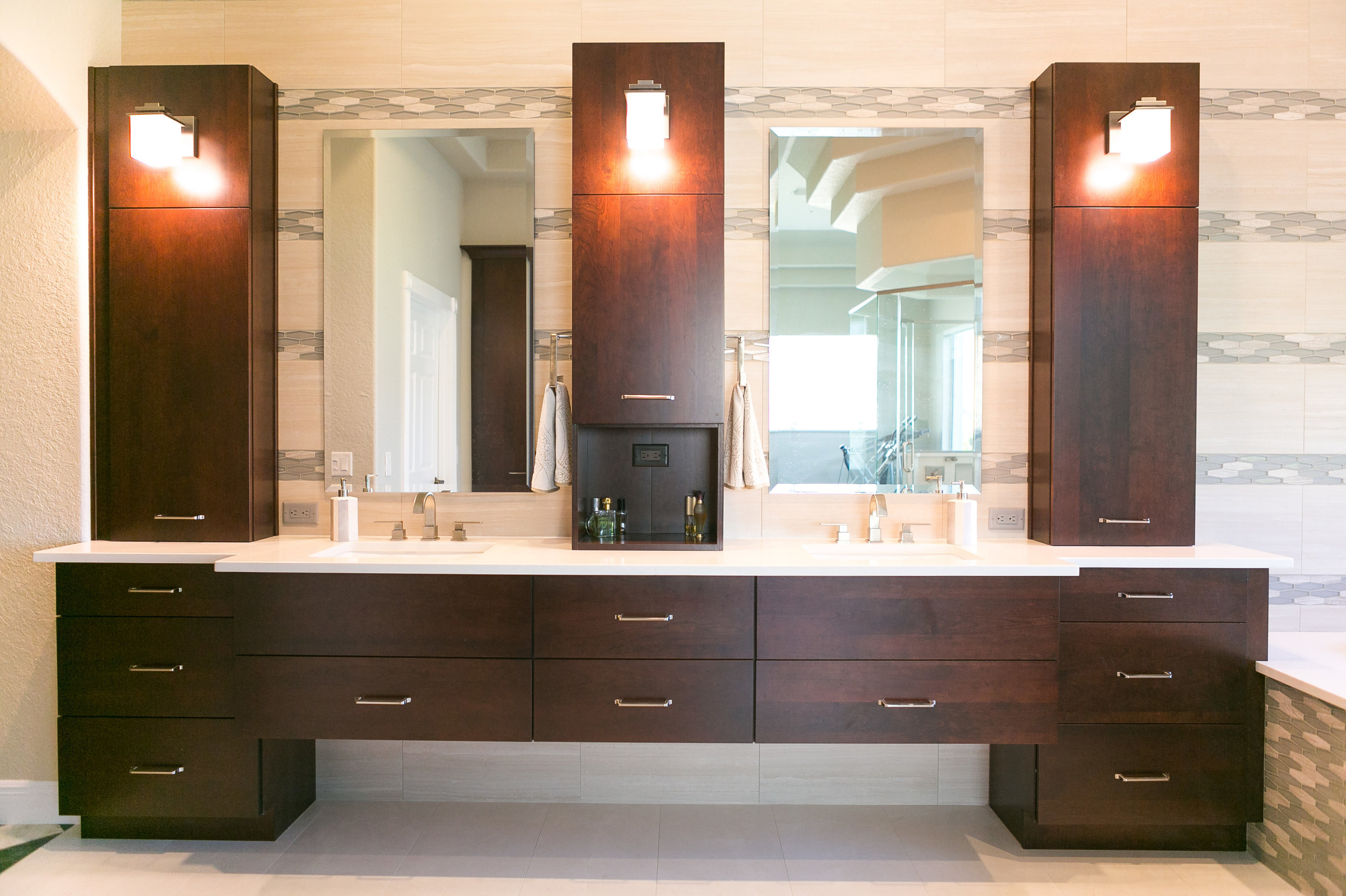 Floating Vanity In Large Master Bathroom Remodel Transitional
