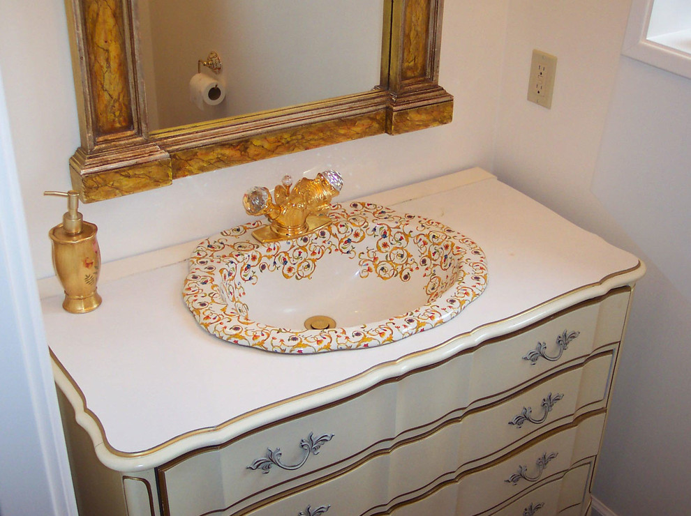 Small transitional 3/4 bathroom photo in Vancouver with a drop-in sink, beige walls, furniture-like cabinets, light wood cabinets and wood countertops