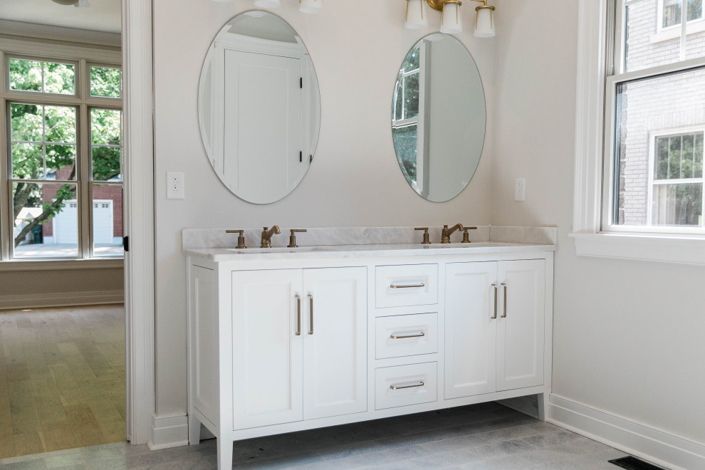 Large transitional master marble floor and blue floor alcove shower photo in Other with flat-panel cabinets, white cabinets, an undermount sink, marble countertops, a hinged shower door, white countertops and a freestanding vanity