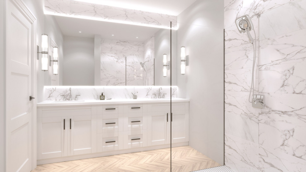Photo of a medium sized contemporary ensuite bathroom in Chicago with recessed-panel cabinets, white cabinets, black and white tiles, quartz worktops, white worktops, double sinks, a corner shower, porcelain tiles, porcelain flooring, brown floors, an open shower and a built in vanity unit.