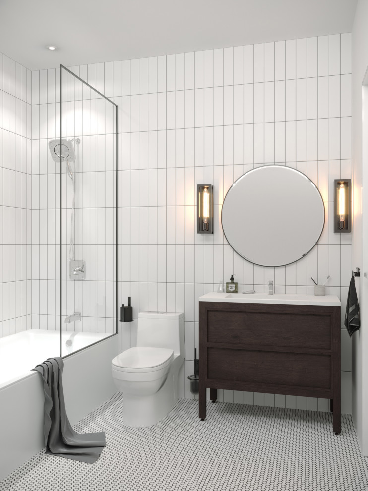 Exempel på ett mellanstort modernt vit vitt badrum för barn, med svart och vit kakel, bänkskiva i kvartsit, möbel-liknande, bruna skåp, ett platsbyggt badkar, en dusch/badkar-kombination, keramikplattor, vita väggar, klinkergolv i keramik, vitt golv och med dusch som är öppen