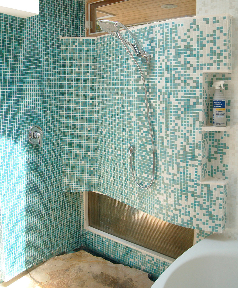 Example of a large beach style master blue tile and mosaic tile bathroom design in Atlanta with furniture-like cabinets, medium tone wood cabinets, wood countertops, a one-piece toilet, a vessel sink and white walls