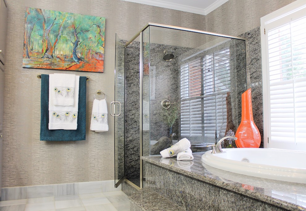 Inspiration for a huge eclectic master gray tile and stone slab ceramic tile bathroom remodel in Other with gray walls