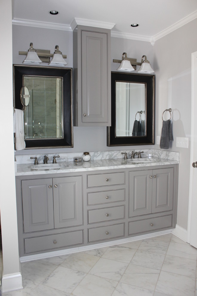 Bathroom - large traditional master bathroom idea in Birmingham with gray cabinets and gray walls