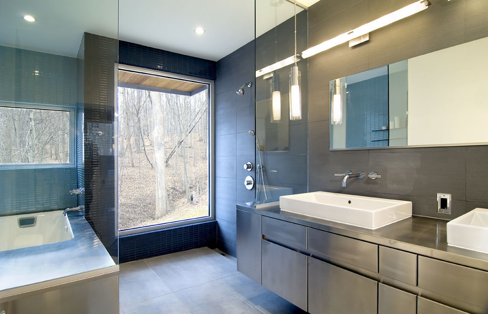 Walk-in shower - contemporary walk-in shower idea in DC Metro with a vessel sink