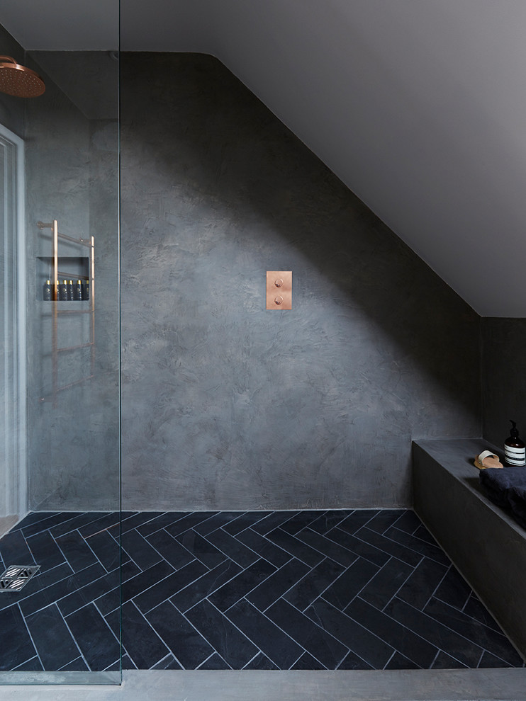 Example of a minimalist porcelain tile and black floor bathroom design in Other