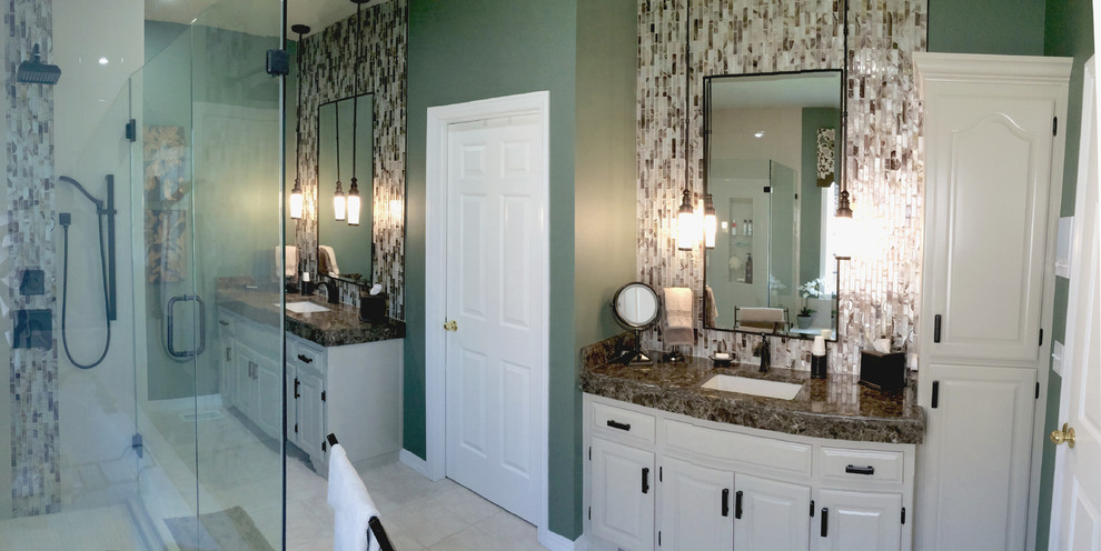 Inspiration for a mid-sized transitional master glass sheet and multicolored tile ceramic tile doorless shower remodel in Other with green walls, raised-panel cabinets, white cabinets, a hot tub, an undermount sink and quartz countertops