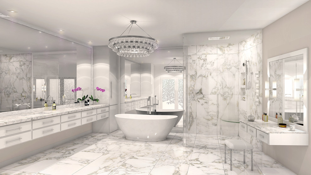 Large classic ensuite bathroom in Miami with a submerged sink, beaded cabinets, white cabinets, marble worktops, a freestanding bath, a built-in shower, multi-coloured tiles, stone tiles, grey walls and marble flooring.