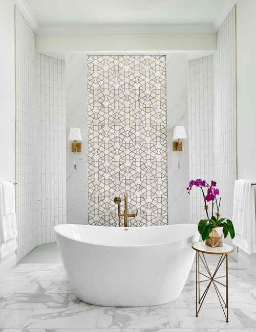 Symmetrical Harmony: Transitional White Bathroom - Gold and Marble Accented Freestanding Bathtub Ideas