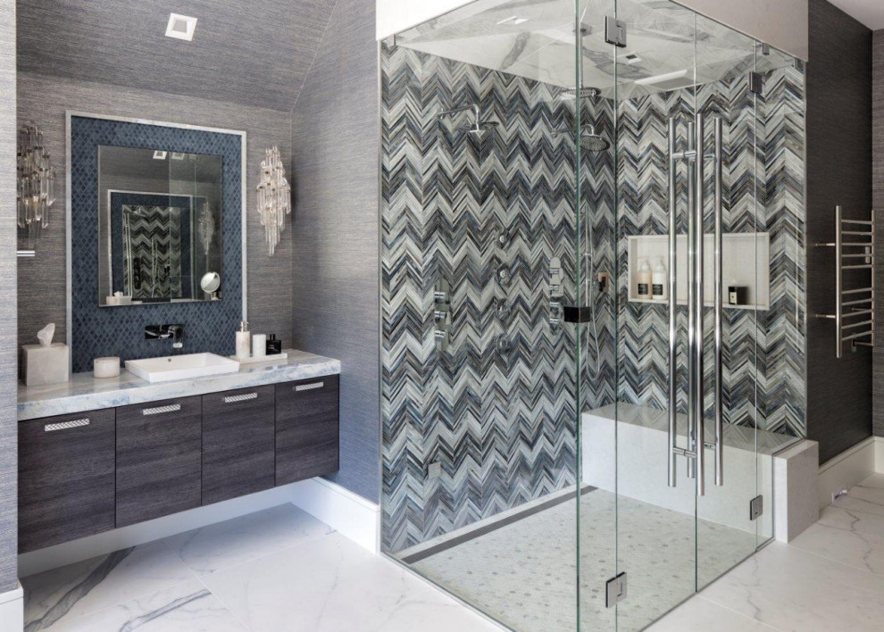 Inspiration for a contemporary master multicolored tile multicolored floor corner shower remodel in Minneapolis with flat-panel cabinets, dark wood cabinets, gray walls, a vessel sink, a hinged shower door and multicolored countertops