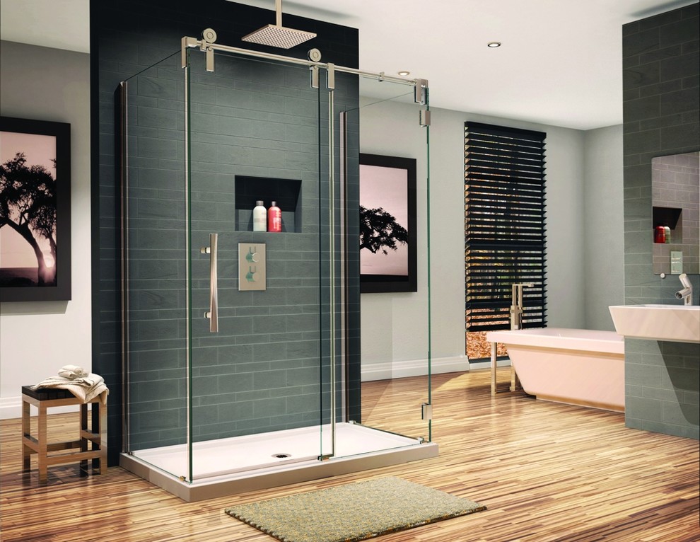 Inspiration for a mid-sized contemporary master doorless shower remodel in Cleveland