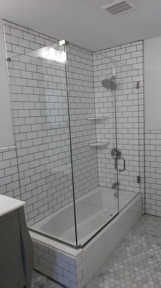 Design ideas for a medium sized contemporary ensuite bathroom in New York with a corner bath, a shower/bath combination, white tiles and ceramic tiles.