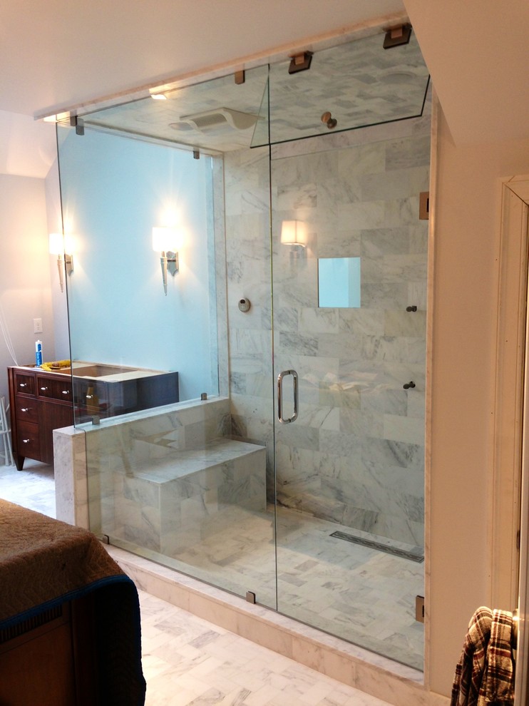 Large transitional master alcove shower photo in Philadelphia