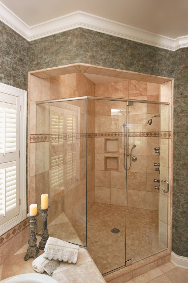 Inspiration for a large contemporary corner shower remodel in New York