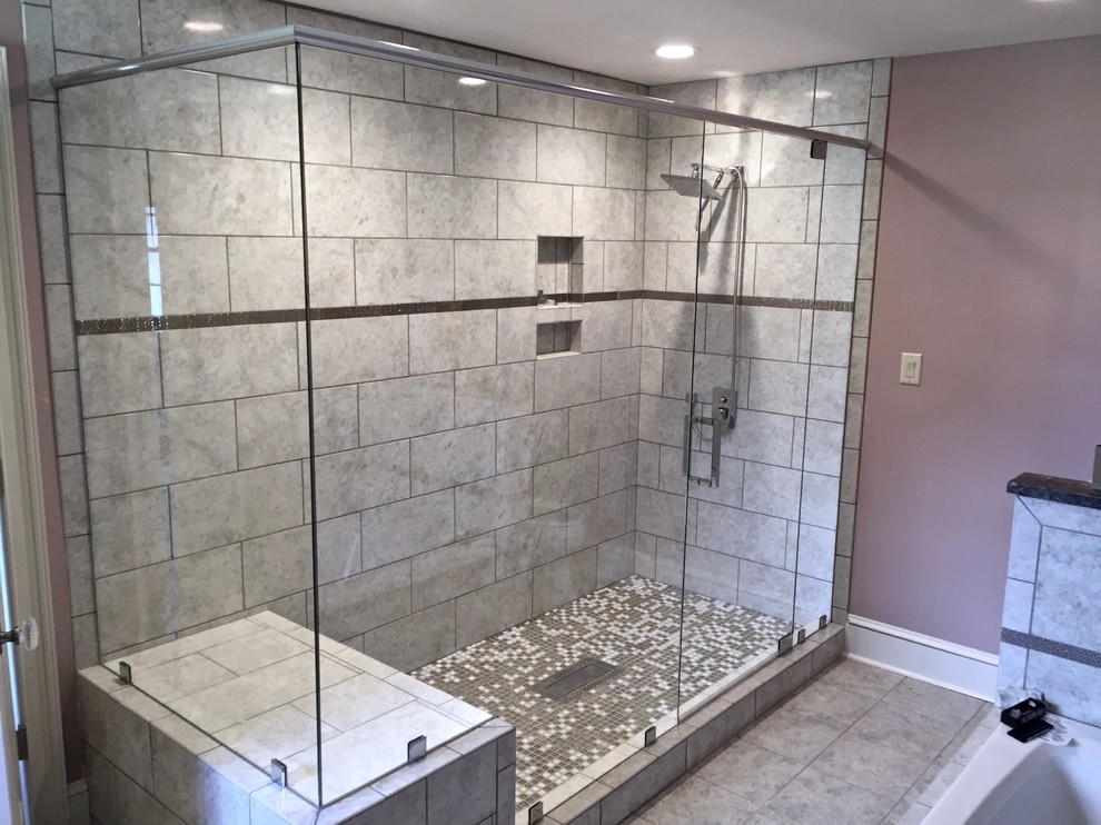 Large trendy master bathroom photo in Other with a hinged shower door