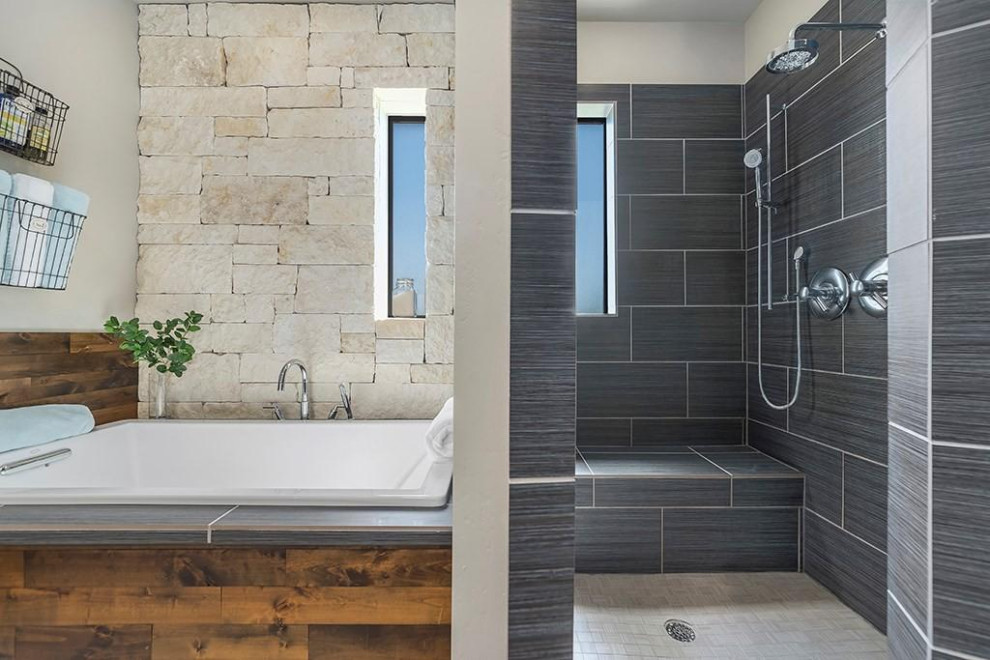 Bathroom - mid-sized farmhouse master gray tile and porcelain tile double-sink bathroom idea in Austin with shaker cabinets, brown cabinets, granite countertops, white countertops and a built-in vanity