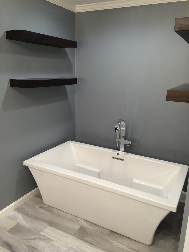 FreeStanding Vessel Tub with Floating Shelves Above Transitional