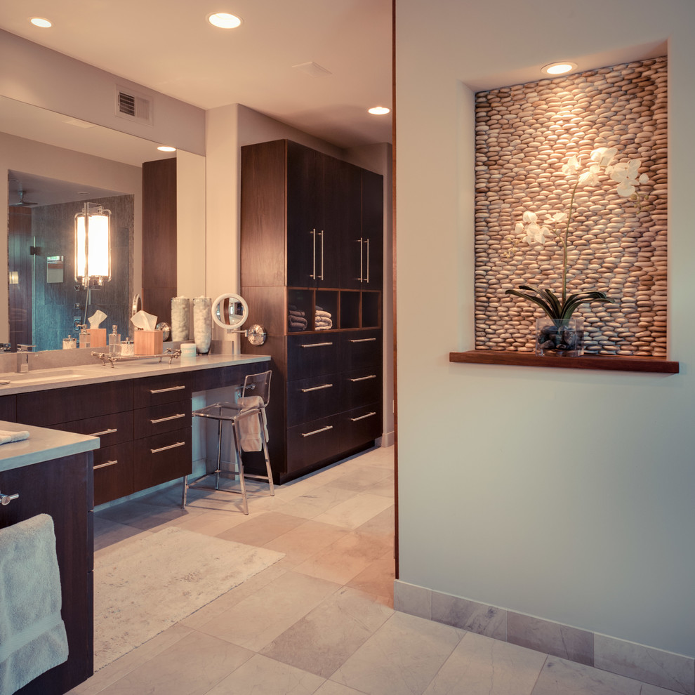 Photo of a large contemporary ensuite bathroom in Kansas City with flat-panel cabinets, dark wood cabinets, an alcove shower and a submerged sink.