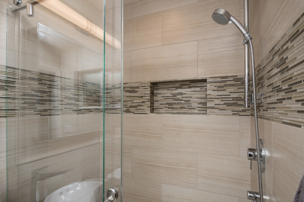 Alcove shower - small contemporary master beige tile and porcelain tile porcelain tile alcove shower idea in San Francisco with dark wood cabinets, a two-piece toilet, beige walls and a vessel sink